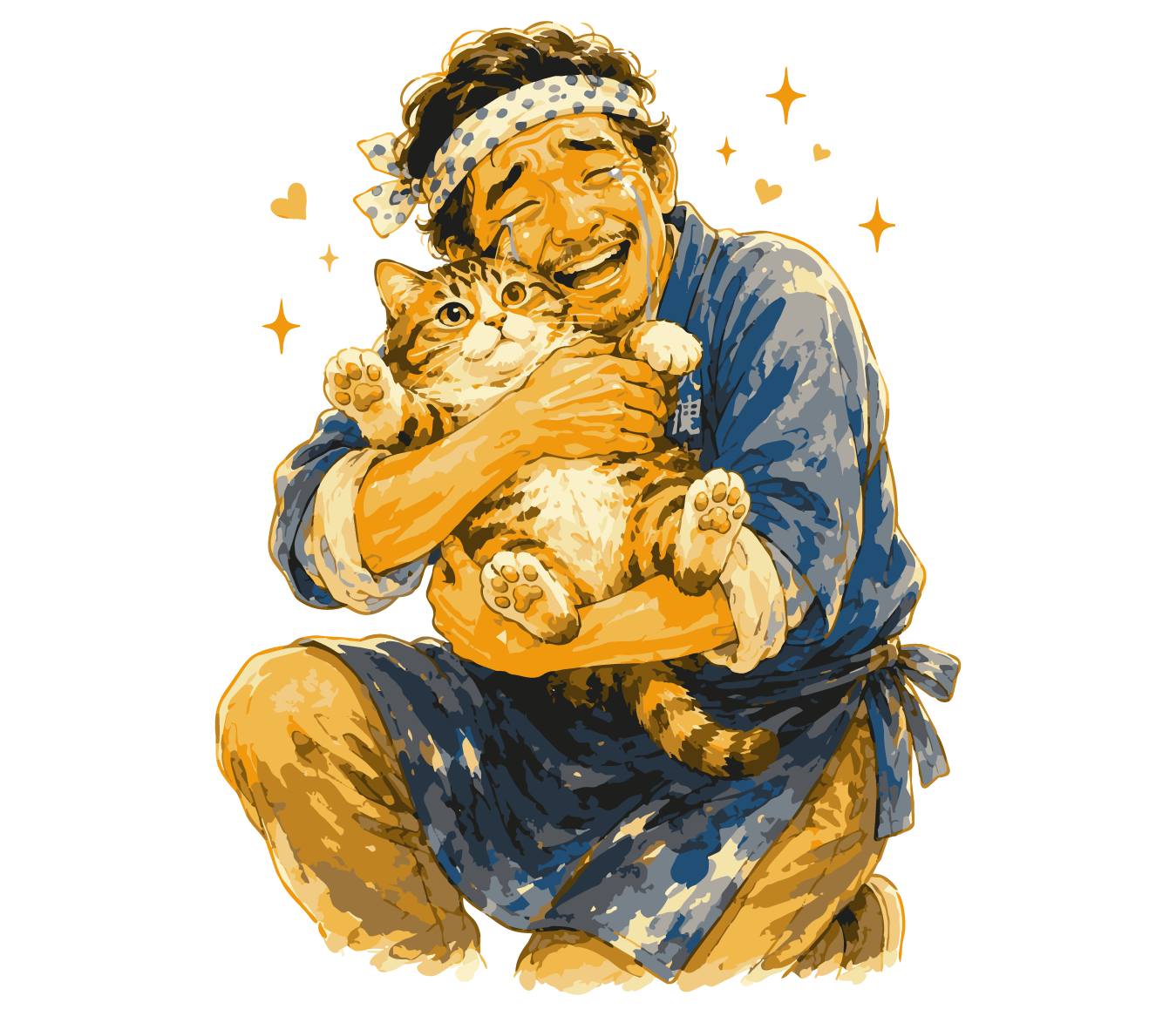 猫を抱いて喜ぶ商店主